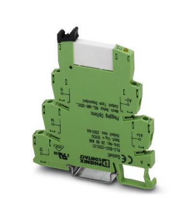 Grüner elektronische Bauteil für DIN-Schienenmontage, markiert mit Logos und technischen Spezifikationen, verwendet in Schaltschränken.