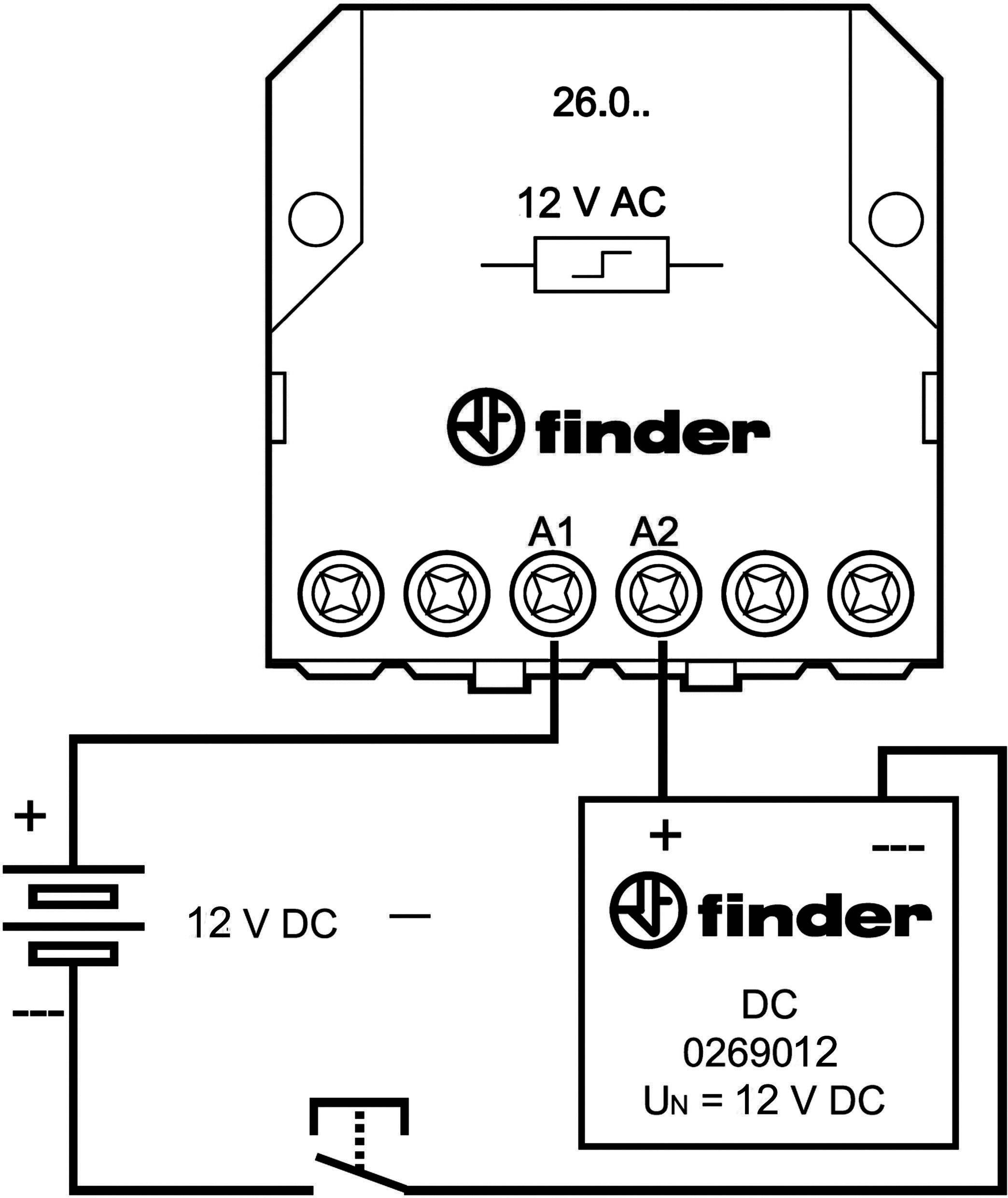 Diagramm zur Darstellung der Schaltung eines Relais mit 12 V AC und DC. Zeigt Verbindungen und Anschlüsse zu einem Gerätetyp.