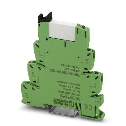 Ein grünes elektronisches Modul von Phoenix Contact, DIN-Schienenmontage, vermutlich für Industriesteuerungen, mit verschiedenen Anschlussklemmen.