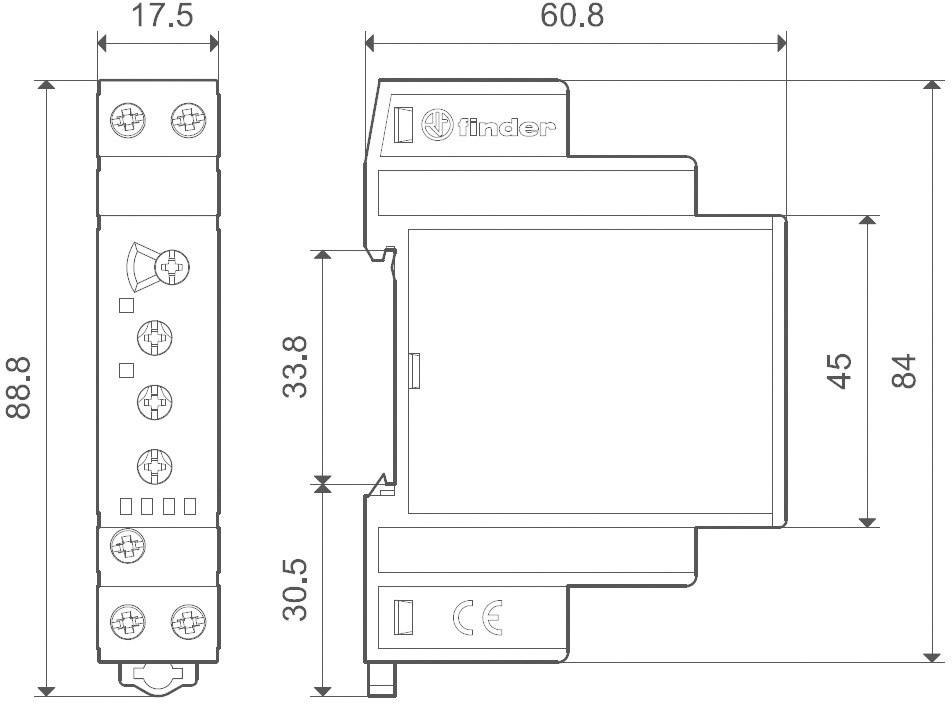 Technische Zeichnung eines Relaisgehäuses, zeigt Dimensionen: Breite 60,8 mm, Höhe 88,8 mm, Tiefe 17,5 mm. CE-Kennzeichnung sichtbar.
