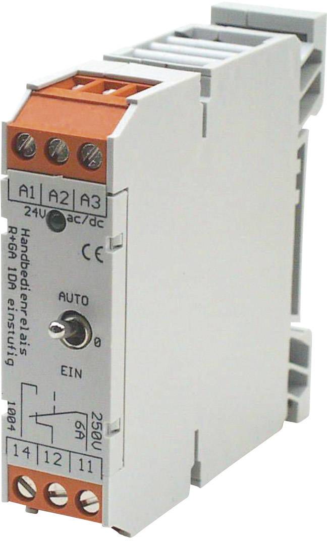 Industrie-Schaltrelais, grau, mit oranger Abdeckung und automatischem/manuellem Schalter; 24V AC/DC und 250V Spannungsangaben.