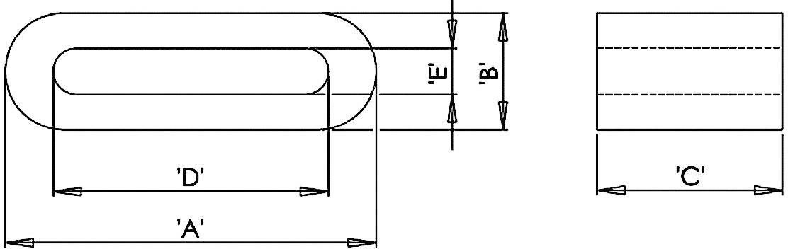 Technische Zeichnung von zwei rechteckigen Objekten mit abgerundeten Seiten. Maße 'A', 'D', 'E', 'B' und 'C' sind angegeben.