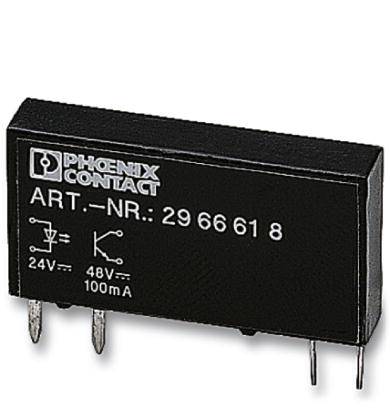 Ein schwarzes, rechteckiges elektrisches Bauelement von Phoenix Contact mit der Artikelnummer 29 66 61 8, 24V, 48V, 100mA.