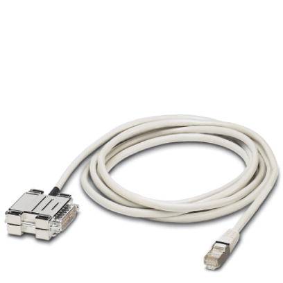 Ein graues Adapterkabel mit einem VGA- und einem Ethernet-Stecker.