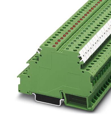 Ein grüner, modularer elektrischer Klemmenblock mit mehreren Einsteckplätzen, roten und grünen Markierungen für Verbindungen.