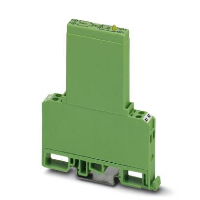 Ein grünes elektronisches Gerät auf einem Hutschienenadapter, wahrscheinlich ein industrieller Schnittstellenwandler oder Relaismodul.
