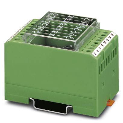 Ein grünes DIN-Schienen-Montagemodul mit beschrifteter Anschlussklemme oben, verwendet für elektrische Installationen.