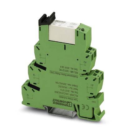 Grünes DIN-Schienenrelais mit mehreren Ebenen, CE-Kennzeichnung sichtbar. Es wird in elektrischen Steuerungen eingesetzt.
