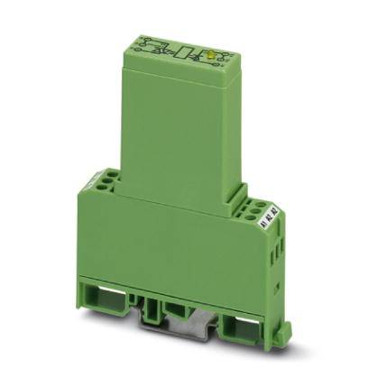 Grünes Elektronikmodul mit Schraubanschlüssen, montierbar auf einer DIN-Schiene. Geeignet für industrielle Anwendungen.
