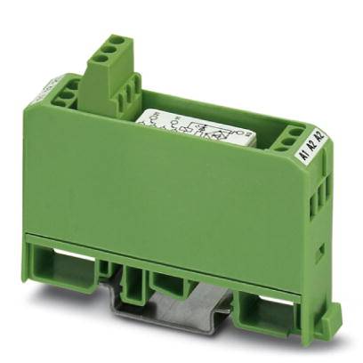 Grünes elektronisches Relaismodul mit Beschriftung auf DIN-Schiene montiert, zeigt Kontakte und Schaltplan oben.