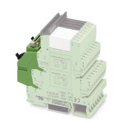Ein elektronisches Bauteil in grünem und grauem Gehäuse, möglicherweise ein Relais oder Klemmenmodul, für industrielle Anwendungen.