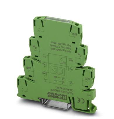 Grünes elektronisches Modul von Phoenix Contact, dargestellt schräg von der Seite, mit mehreren Eingangs- und Ausgangsanschlüssen.
