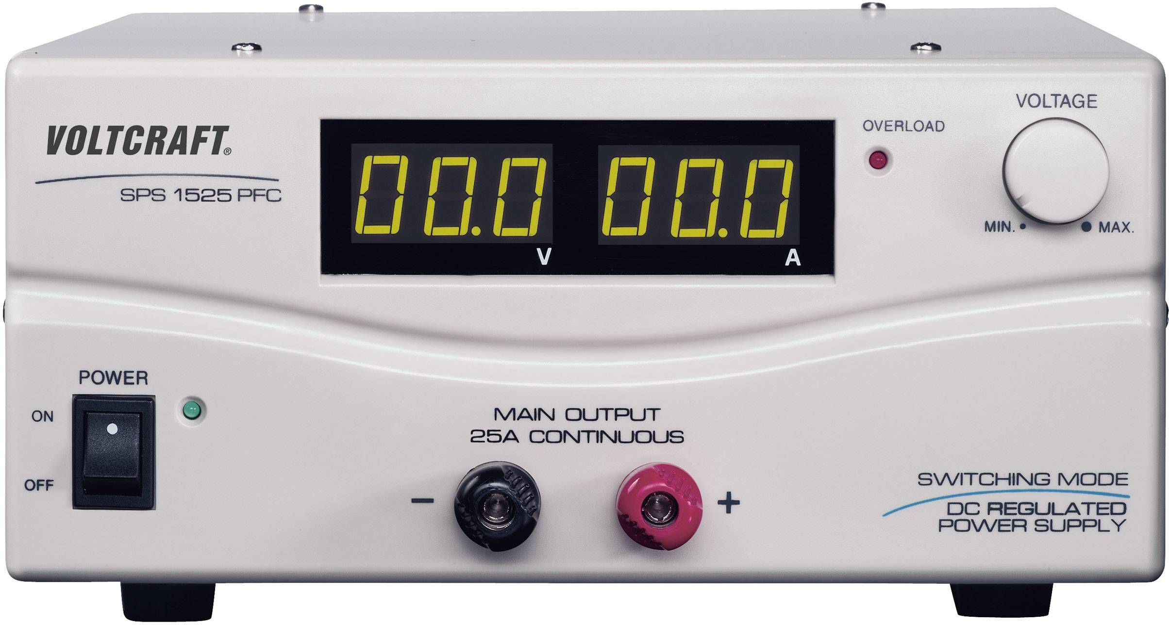 Spannungsversorgungseinheit mit digitaler Anzeige, zeigt 0.00 Volt und Ampere. Hauptausgang 25A. Überstromanzeige, Ein/Aus-Schalter.
