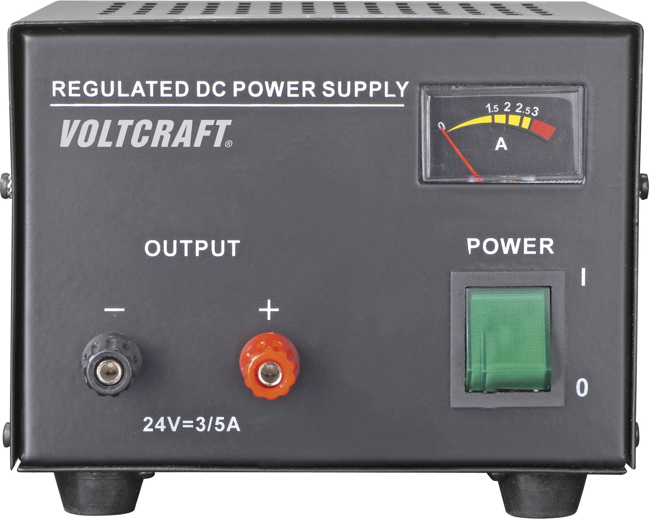 Ein Gleichstrom-Netzteil von Voltcraft mit Anzeige. Es zeigt eine Stromstärke bis zu 3 A bei 24 V an. Es gibt einen Ein-/Ausschalter.