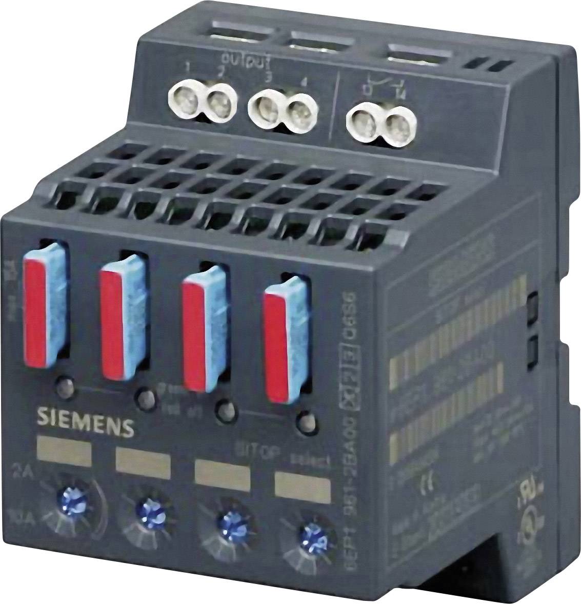 Elektronisches Gerät mit Siemens-Logo, blauen und roten Hebeln vorn, mehreren Anschlüssen oben. Industrielle Anwendung möglich.