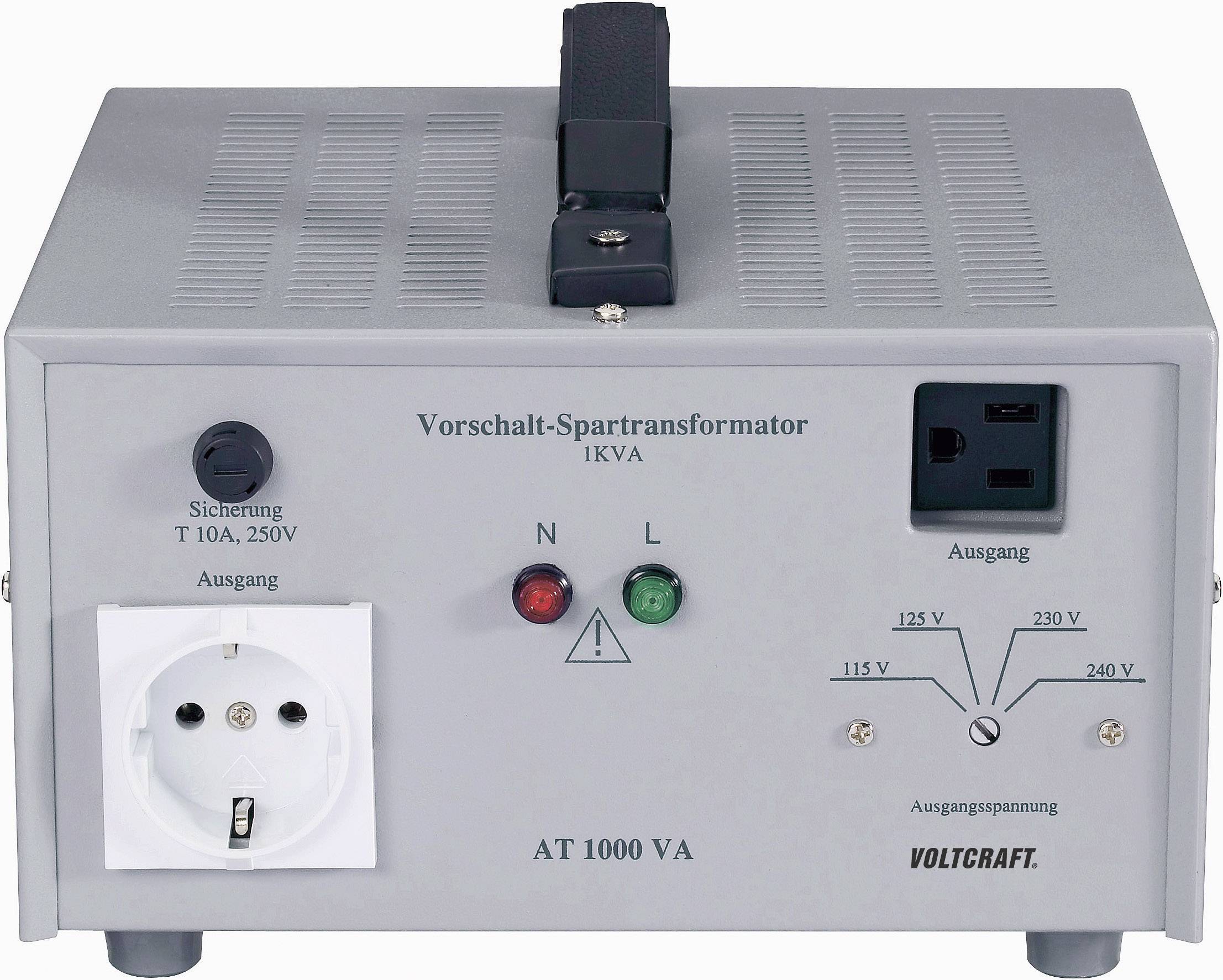 Tischtransformator mit verschiedenen Steckdosen und Schaltern zur Spannungsregelung. Label: Vorschalt-Spartransformator 1kVA, AT 1000 VA.