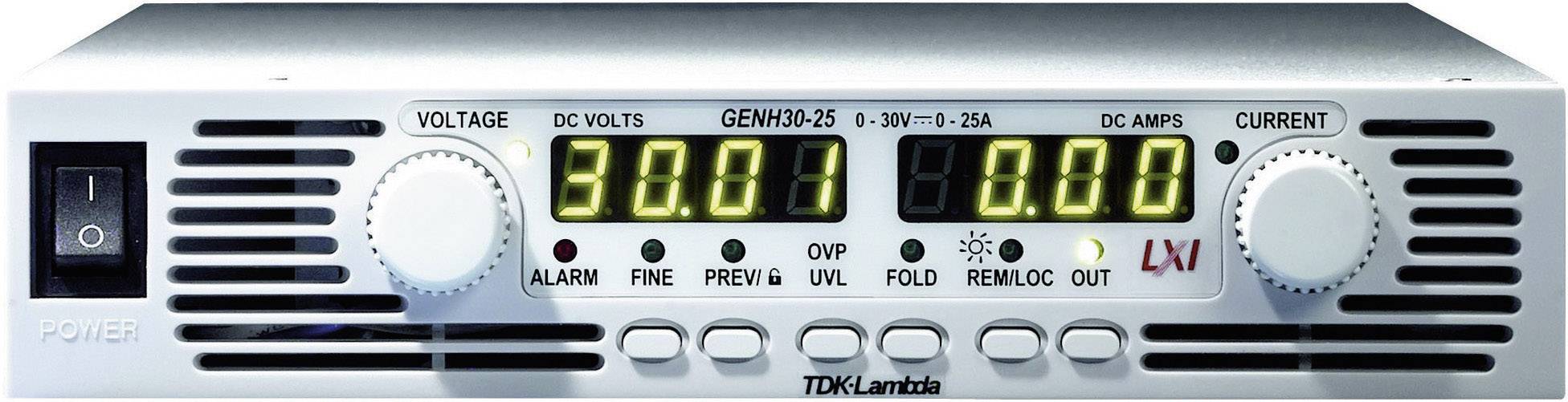 Ein digitales Netzgerät mit Anzeigen für Spannung, Stromstärke und diverse Steuerungstasten. Anzeige zeigt '30.01' Volt und '0.00' Ampere.