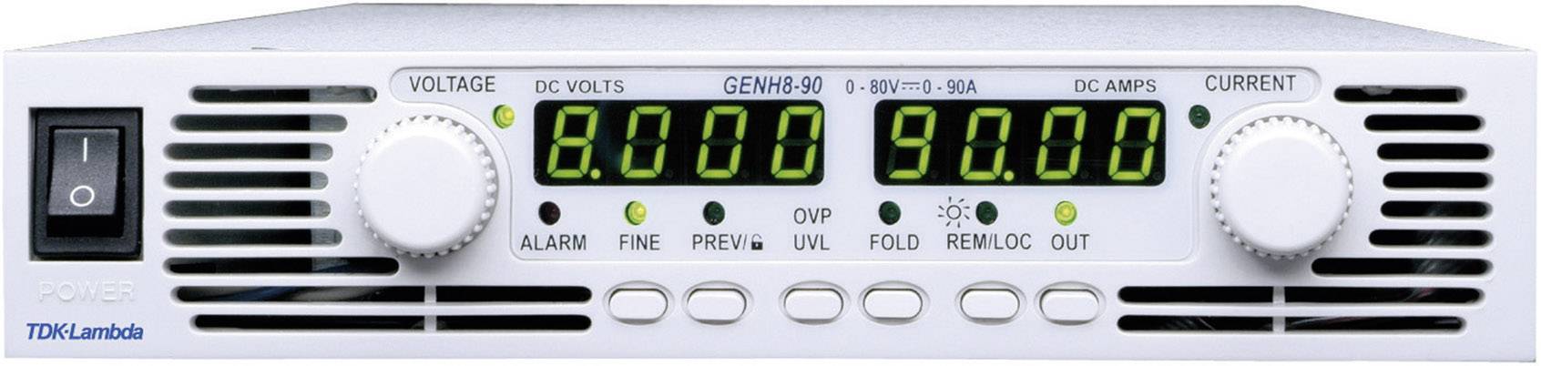 Ein weißes elektronisches Gerät mit digitaler Anzeige, zeigt '8,000' für Spannung und '90,00' für Strom. Links ein Ein-/Ausschalter.