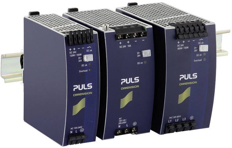 Drei blaue Stromversorgungsgeräte nebeneinander auf einer Montageschiene, mit LED-Anzeigen und Anschlüssen oben, Marke 'PULS'.