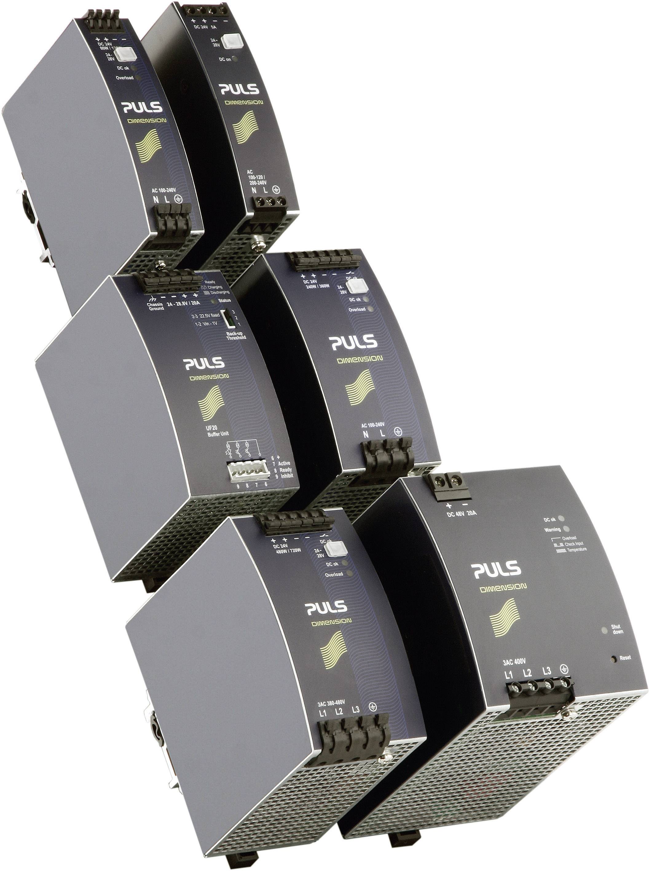 Fünf elektrische Geräte der Marke PULS in einem gestapelten Layout. Jedes Gerät hat ein Display mit LEDs und Anschlussklemmen.