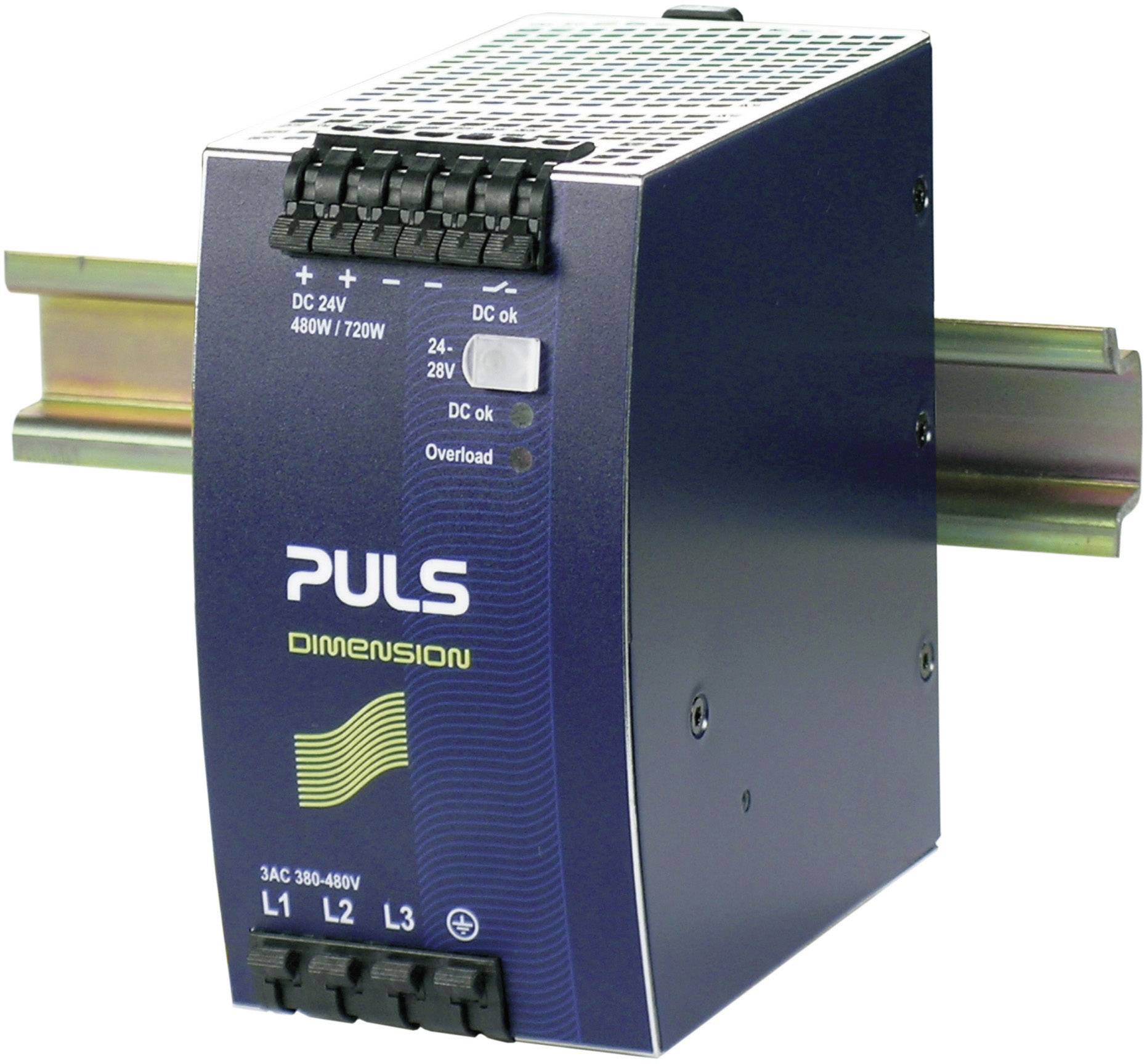 Ein blaues Schaltnetzteil der Marke PULS mit Modellname DIMENSION auf einer Hutschiene montiert. Es zeigt Statusanzeigen und Anschlüsse.
