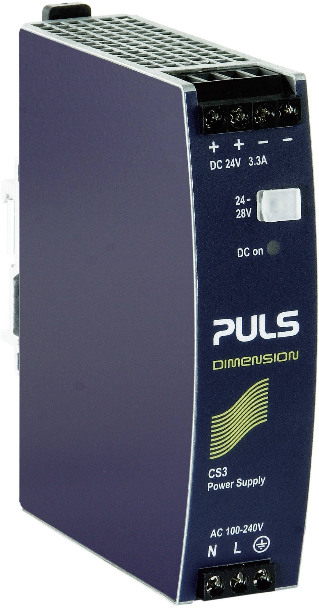 PULS CS3 Stromversorgungseinheit mit DC-Ausgang 24-28V, 3,3A. Vorderseite zeigt Netz-Anschlüsse und LED-Anzeige für Betriebsstatus.