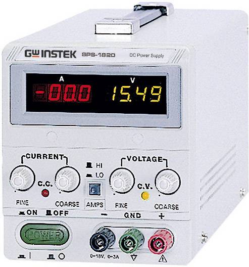 Ein weißes Gleichstromnetzteil mit digitalem Display zeigt '+000,0' für Strom und '15,49' für Spannung an. Es hat Regler für Strom und Spannung.