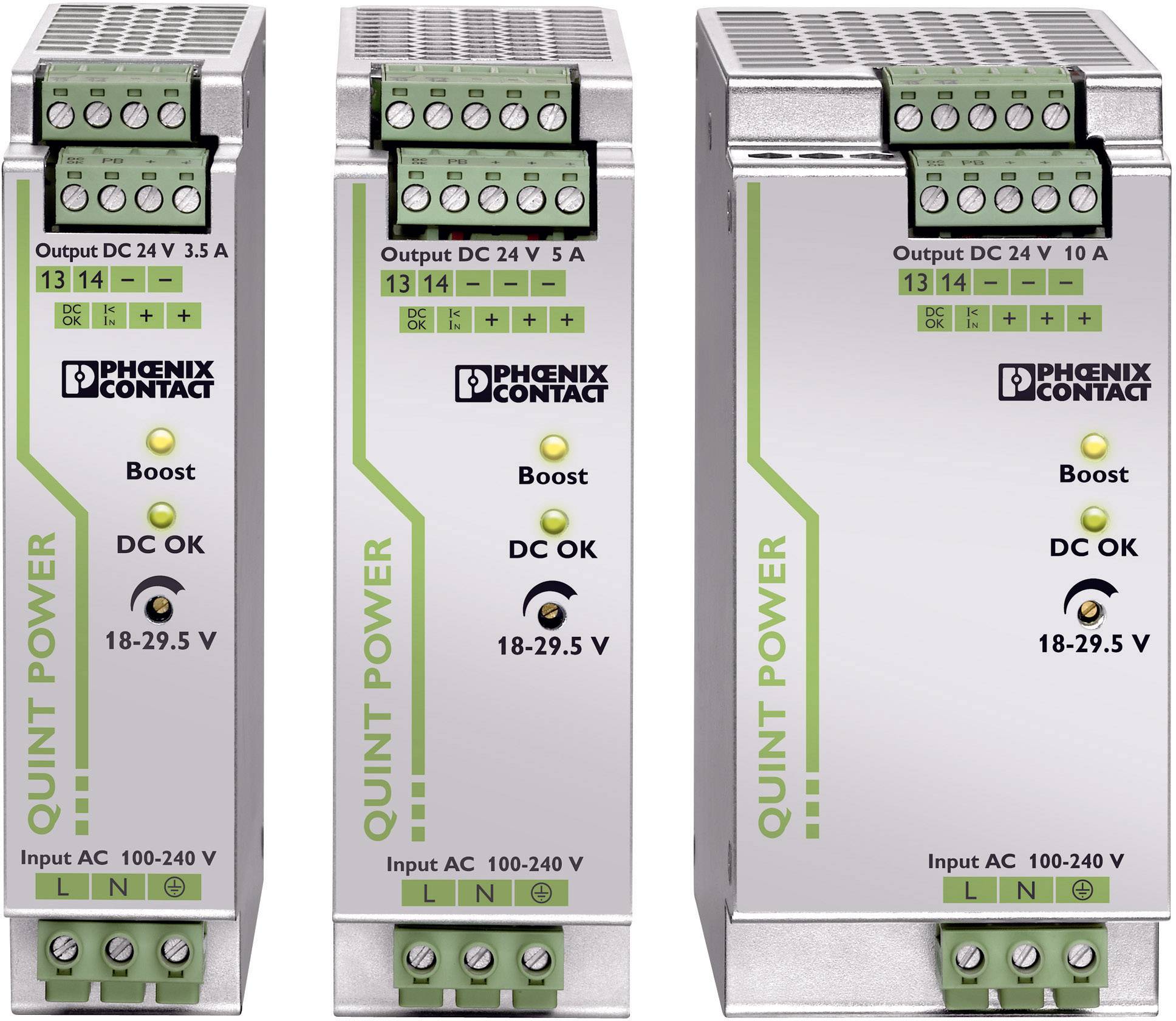 Drei Netzteile von Phoenix Contact mit Beschriftung QUINT POWER. Links: 3,5A, rechts: 10A. Alle mit grünem Design und Anschlüssen oben.