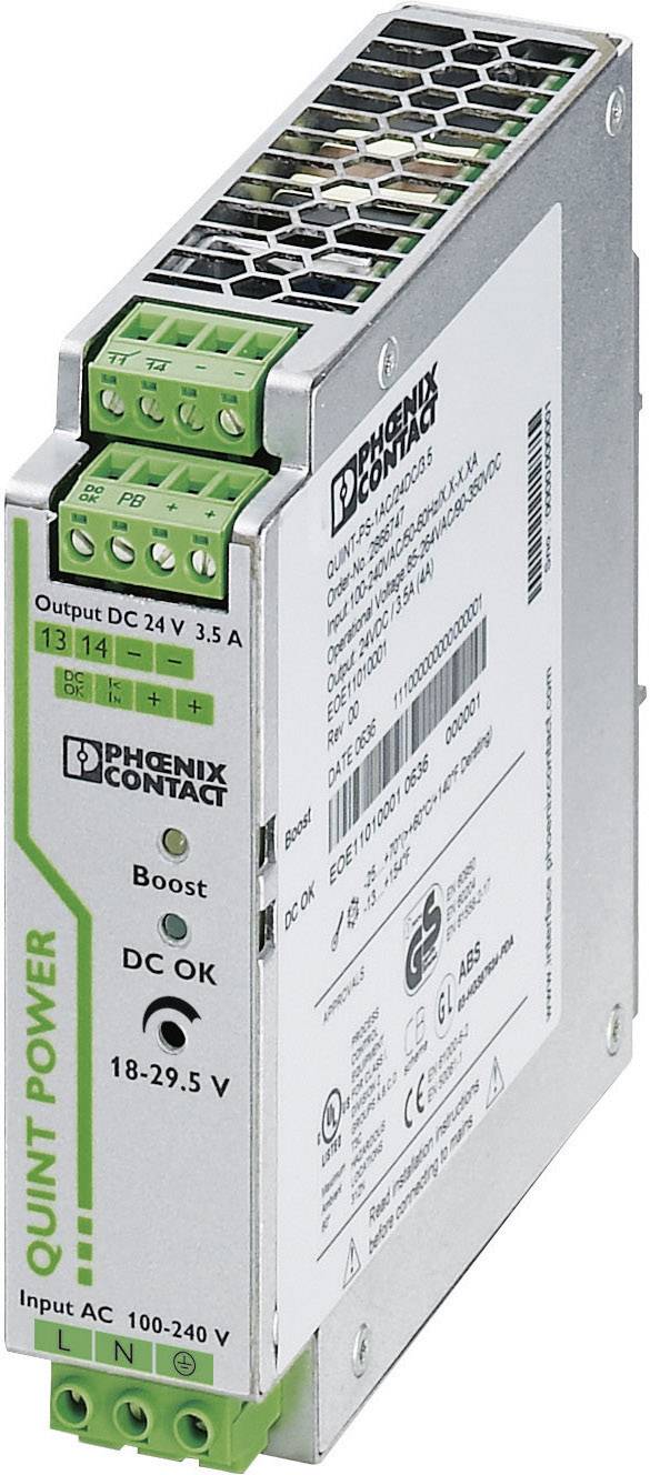 Ein silbernes Netzteil von Phoenix Contact mit grünen Anschlüssen, Modell 'QUINT POWER', Ausgänge: DC 24V, 3,5A, Input: AC 100-240V.
