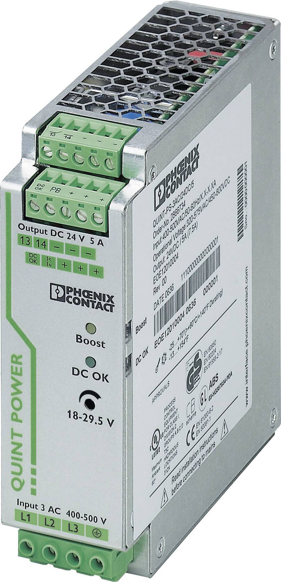 Das Bild zeigt ein Netzteil von Phoenix Contact mit der Aufschrift 'Quint Power', Input 3 AC 400-500 V und Output DC 24 V 5 A.