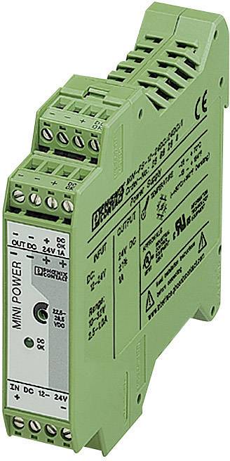 Grünes elektronisches Gerät mit mehreren Anschlüssen und Aufschriften. Es handelt sich um ein Mini-Power-Modul für industrielle Anwendungen.