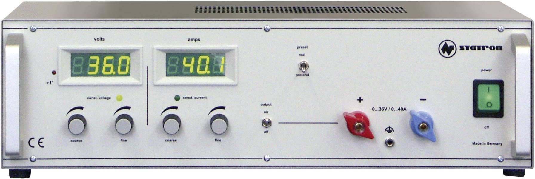 Ein graues elektronisches Messgerät mit digitalen Anzeigen; links zeigt es '36.0 volts' und rechts '40.1 amps'. Es hat Schalter und Anschlüsse vorne.