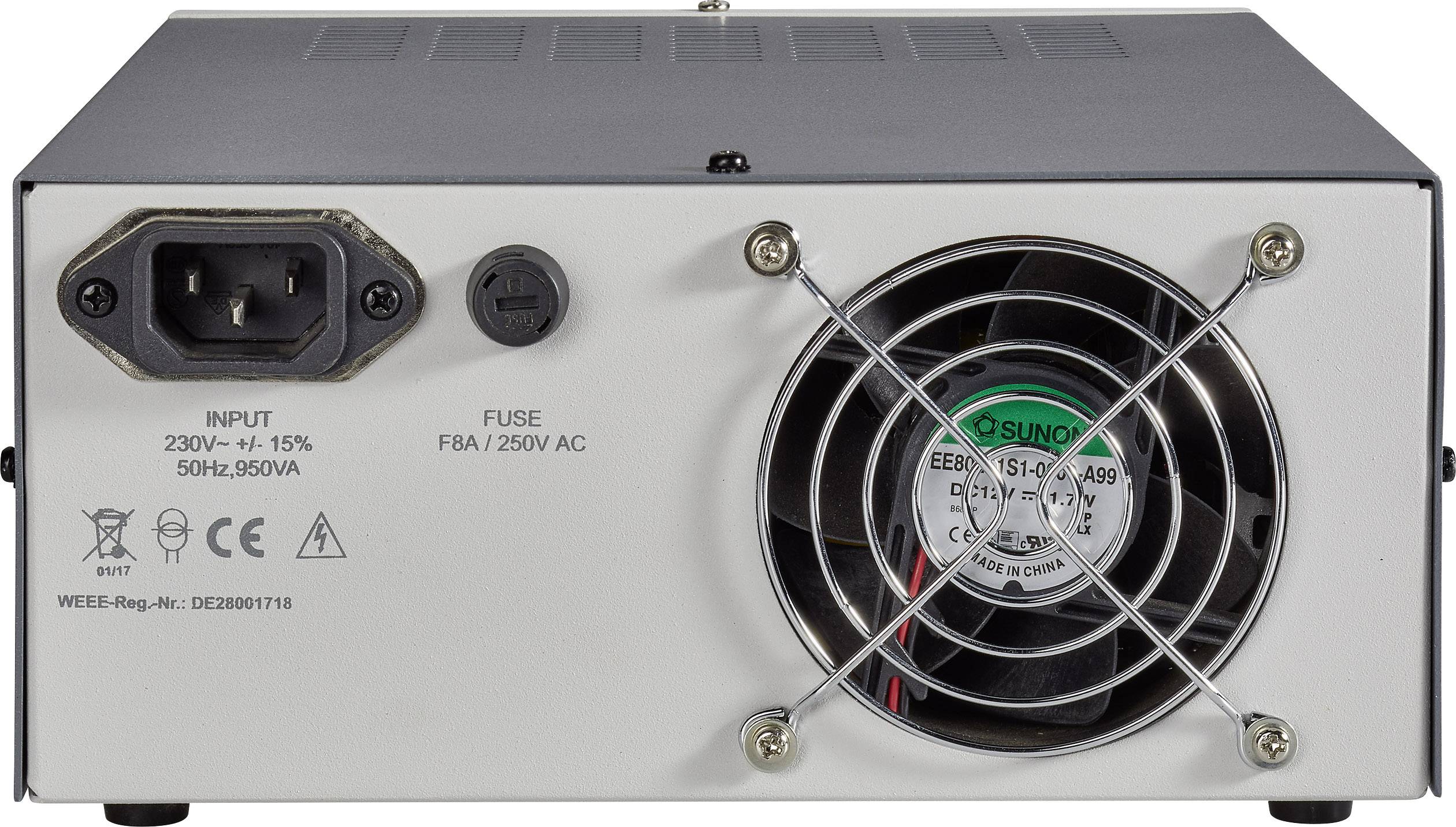 Ein rechteckiges Netzteil mit Lüfter und Eingangssteckdose auf der Rückseite. Beschriftung zeigt 230V Ein- und Ausgang 250V.