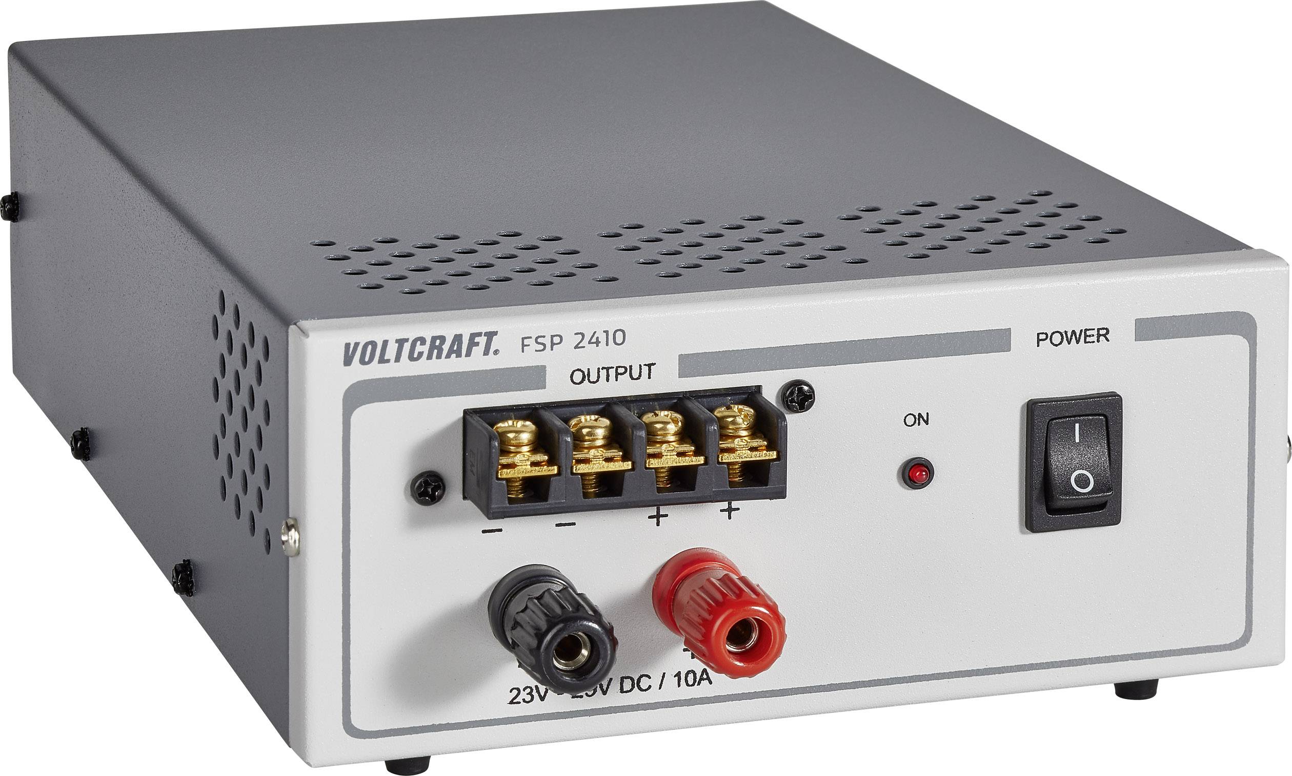 Spannungsversorgungseinheit mit Schaltern und Anschlüssen, Modell 'VOLTCRAFT FSP 2410', liefert 23-30V DC bei 10A.