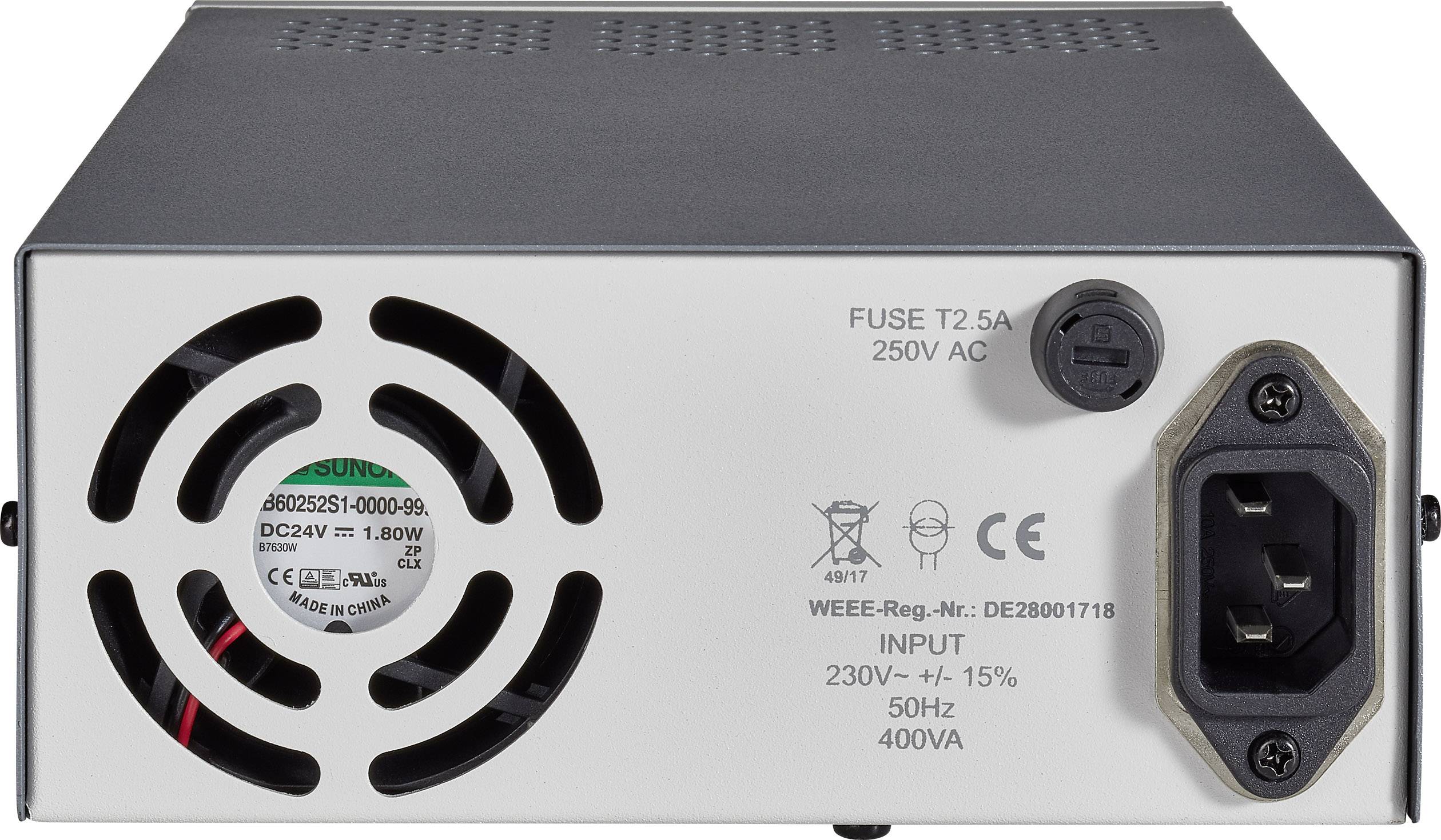 Rückansicht eines Netzteils mit Lüfter und Stromanschluss. Markierungen zeigen Sicherung T2,5A, 230V AC, 50Hz, 400VA und andere technische Details.