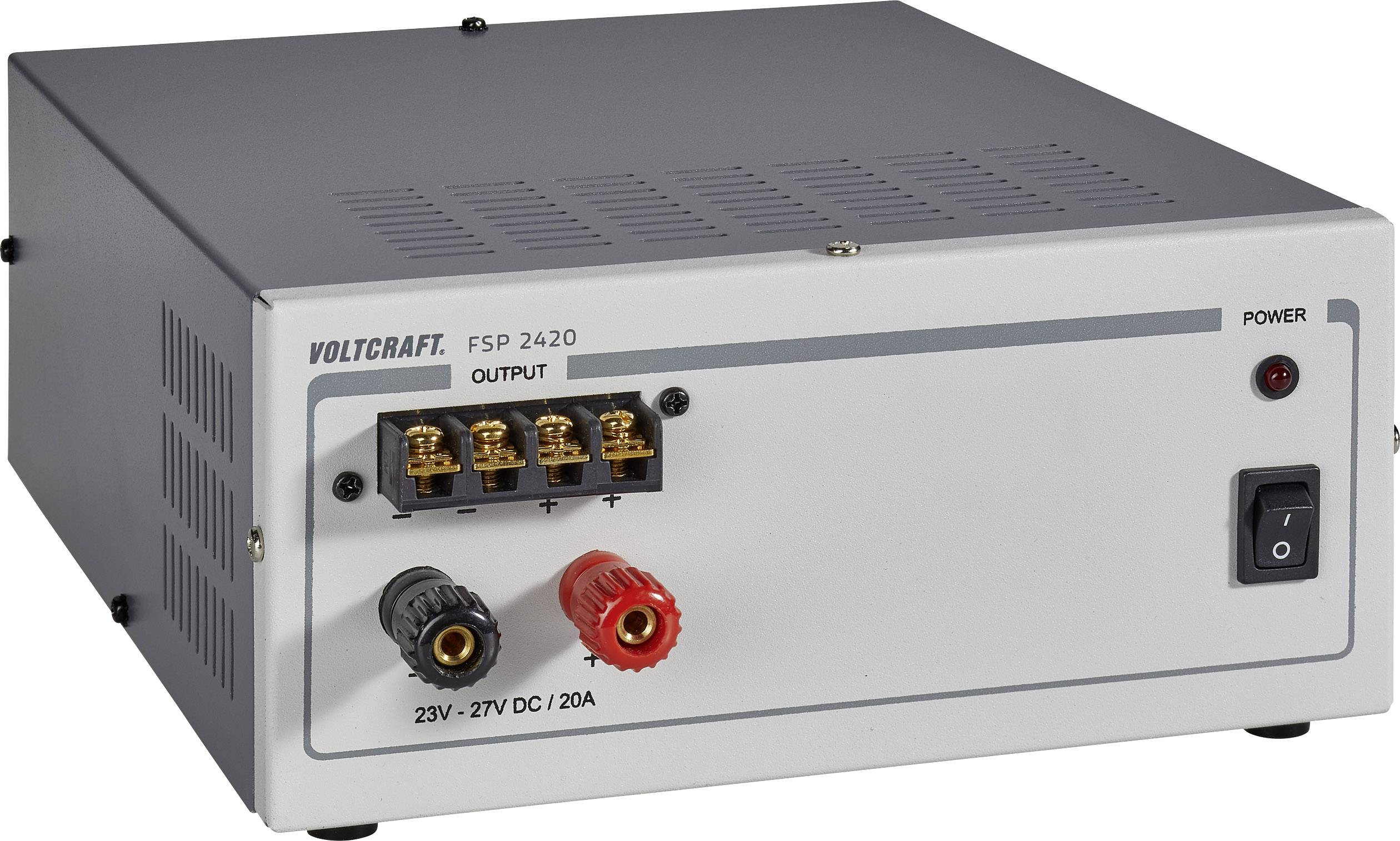 Gleichstromversorgungseinheit mit zwei Drehreglern und einem Display für Spannung und Strom. Markierung 'Voltcraft FSP 2420'.