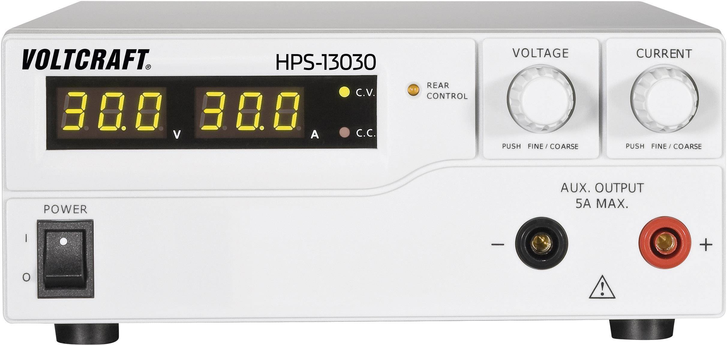 Spannungsversorgungseinheit mit Anzeige '30.0' für Spannung und Strom. Steuerknöpfe für Spannung und Stromstärke. Marke: Voltcraft HPS-13030.