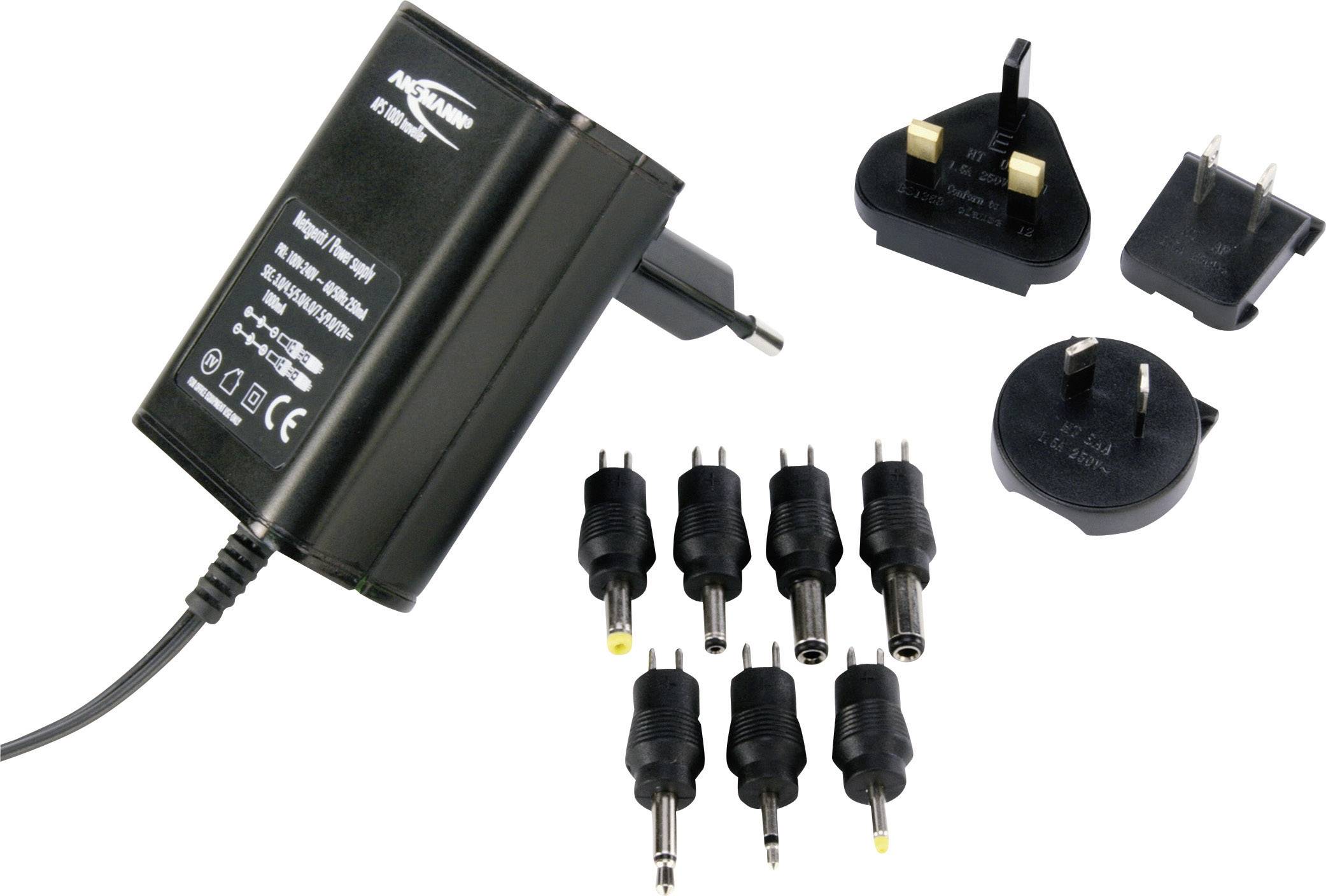 Ansmann 5311113-510 Steckernetzteil, einstellbar 3 V/DC, 4.5 V/DC, 5 V/DC, 6 V/DC, 7.5 V/DC, 9 V/DC, 12 V/DC 1000 mA 12 W