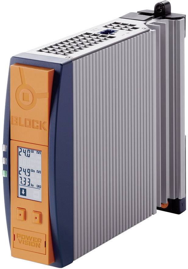 Ein Schaltnetzteil mit Display zeigt aktuelle Spannungs- und Stromwerte an. Das Gehäuse ist grau mit orangefarbenem Akzent.