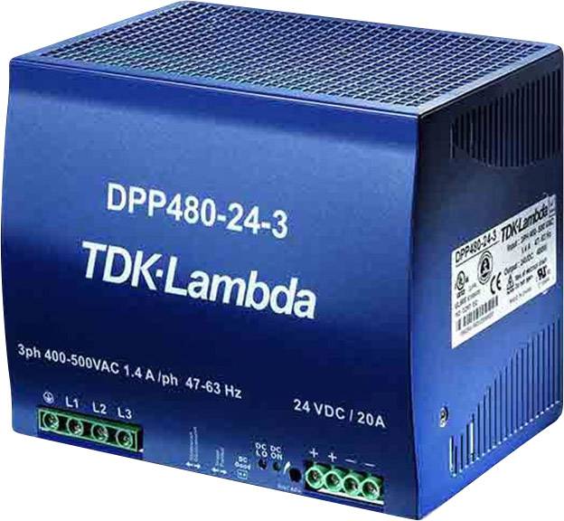 Ein blaues TDK-Lambda-Netzteilmodell 'DPP480-24-3' für dreiphasige Spannung von 400-500VAC, Ausgabeleistung von 24VDC/20A.
