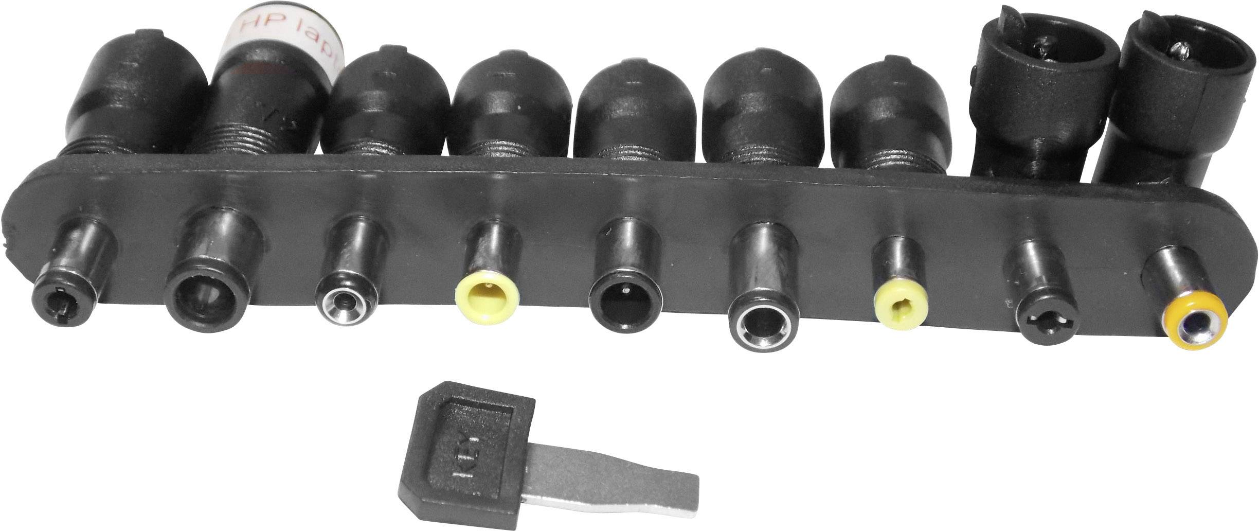 Ein Adapterset mit mehreren elektrischen Steckern in verschiedenen Größen und eine kleine graue Schlüsseleins.