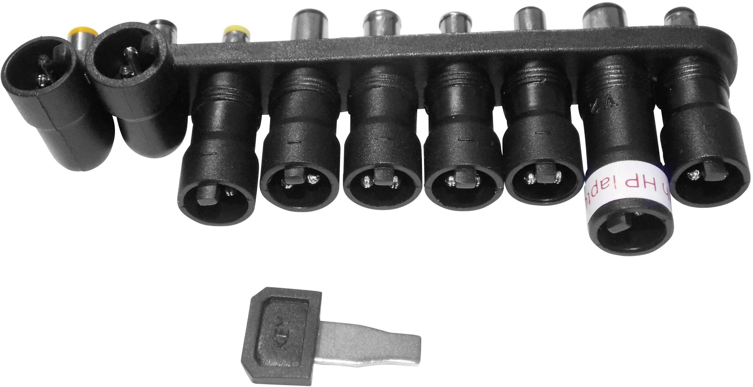 Ein Adapter-Set mit mehreren runden Steckern in verschiedenen Größen und einem lose liegenden Schlüssel, verwendet für elektronische Geräte.