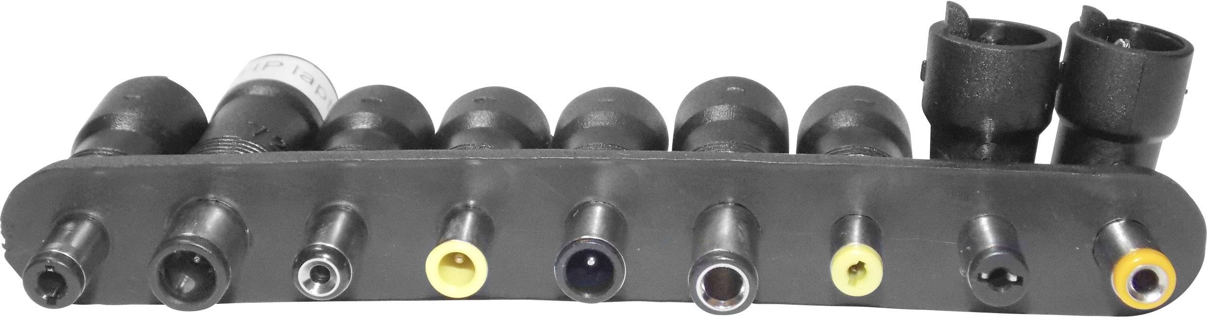 Eine Reihe von neun schwarzen Wechseladaptern für verschiedene Netzteilanschlüsse, die auf einer schwarzen Leiste befestigt sind.