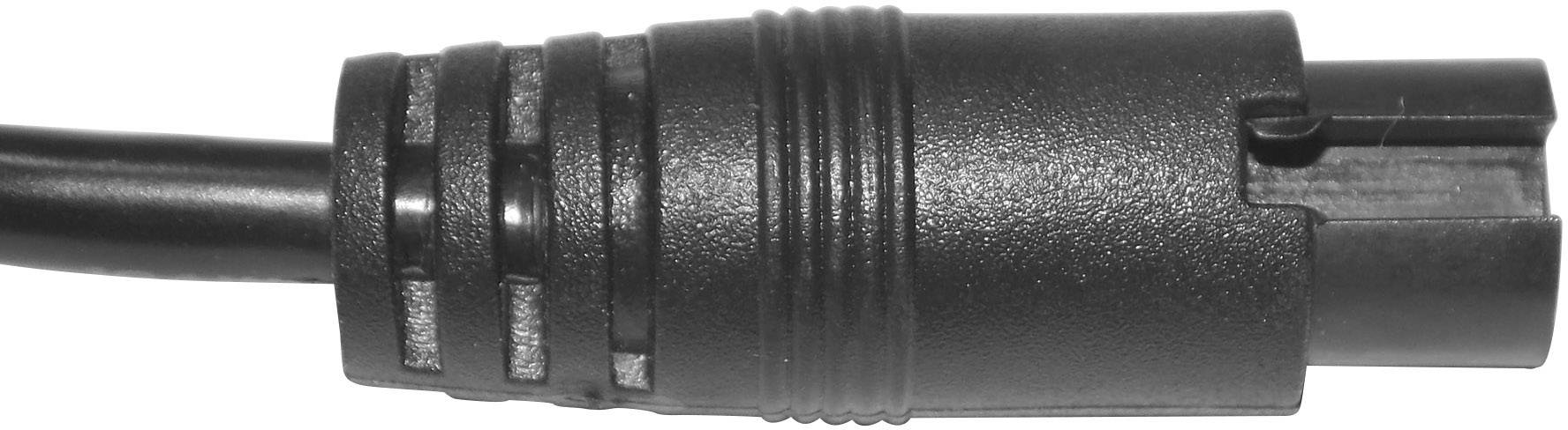 Schwarzer zylindrischer Stecker, der in elektronische Geräte passt, mit kreisförmiger Struktur und mehreren Rillen.