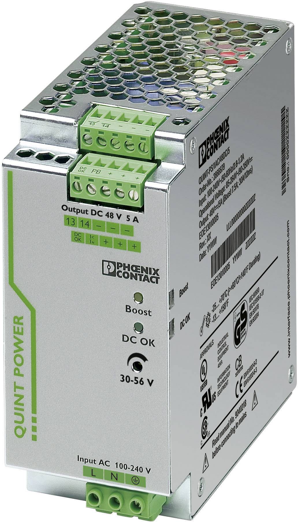 Ein Schaltnetzteil von Phoenix Contact, Typ QUINT POWER, Output DC 48V, 5A, Eingang AC 100-240V, mit grünen Anschlussklemmen.