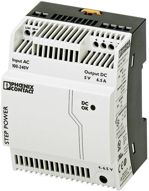 Ein Netzteil von Phoenix Contact. Es hat eine AC-Eingangsspannung von 100-240V und DC-Ausgang von 5V, 6,5A.