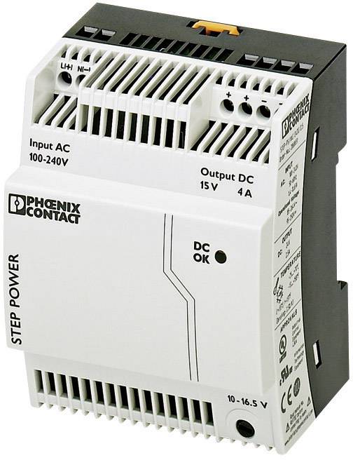Ein Schaltnetzteil von Phoenix Contact, Modell STEP POWER, für Eingang AC 100-240V und Ausgang DC 15V 4A, geeignet zur Spannungsversorgung.