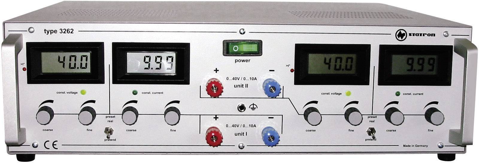 Das Bild zeigt ein elektronisches Testgerät, Modell 'type 3262', mit zwei digitalen Anzeigen, Drehreglern und bunten Anschlüssen.