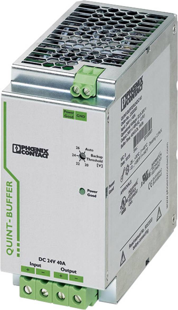 Netzteilgerät von Phoenix Contact, Modell QUINT-BUFFER DC 24V 40A. Es verfügt über Eingangs- und Ausgangsanschlüsse und eine LED-Anzeige.