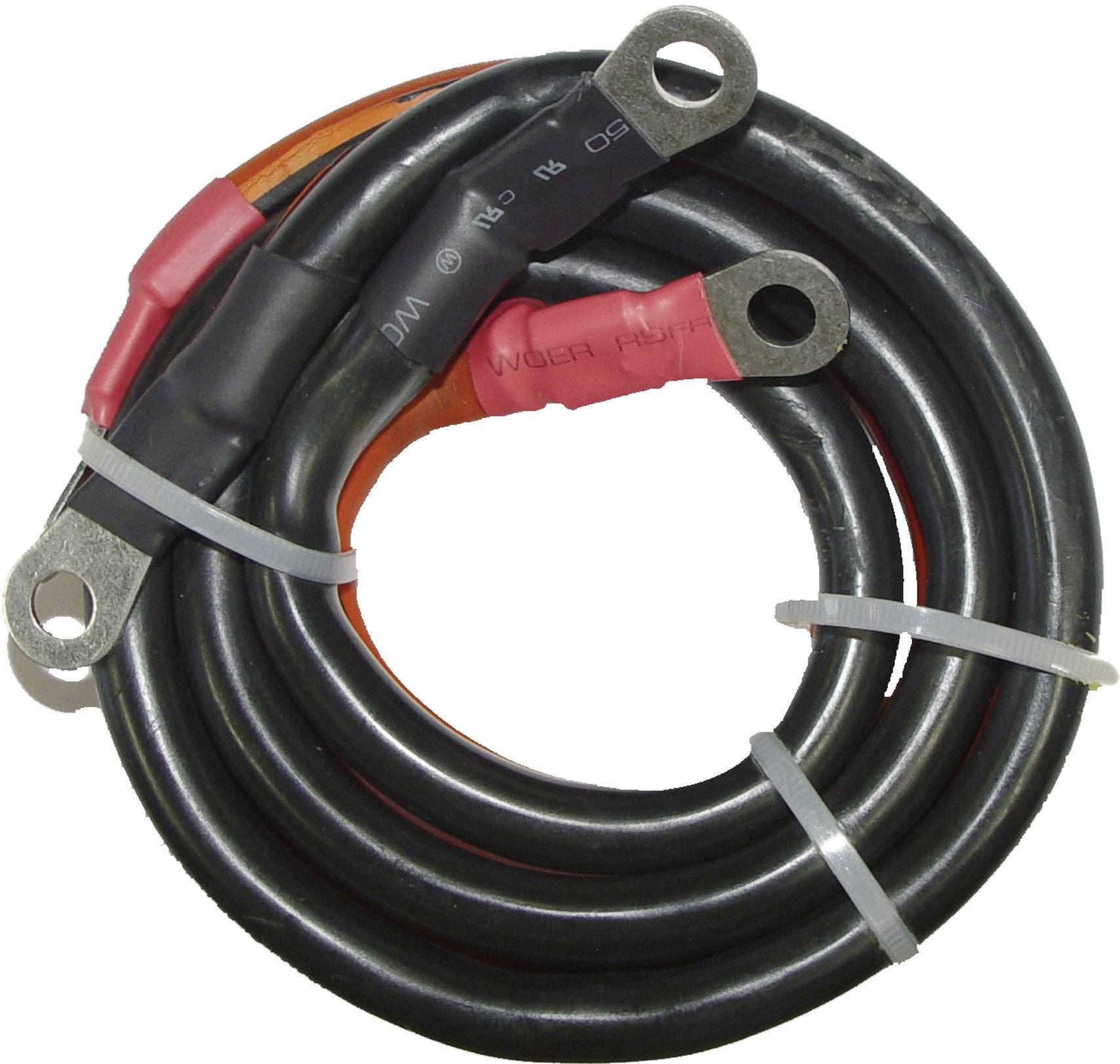 Ein zusammengerolltes schwarzes Kabel mit Metallösen an den Enden, fixiert mit Kabelbindern.